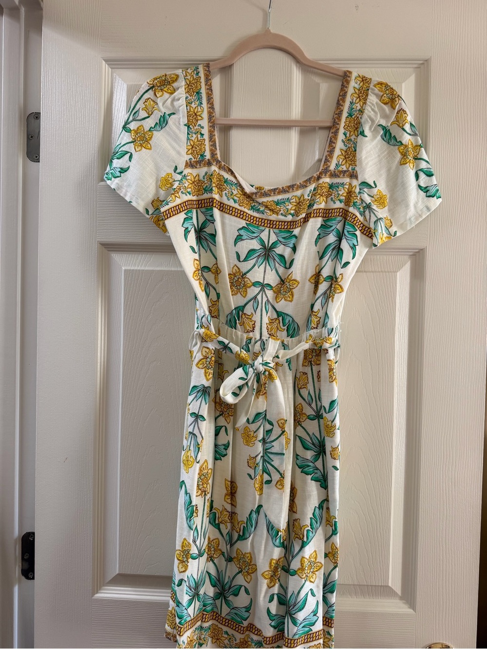 Draper James White Floral Belted Dress with Yellow and Green Print